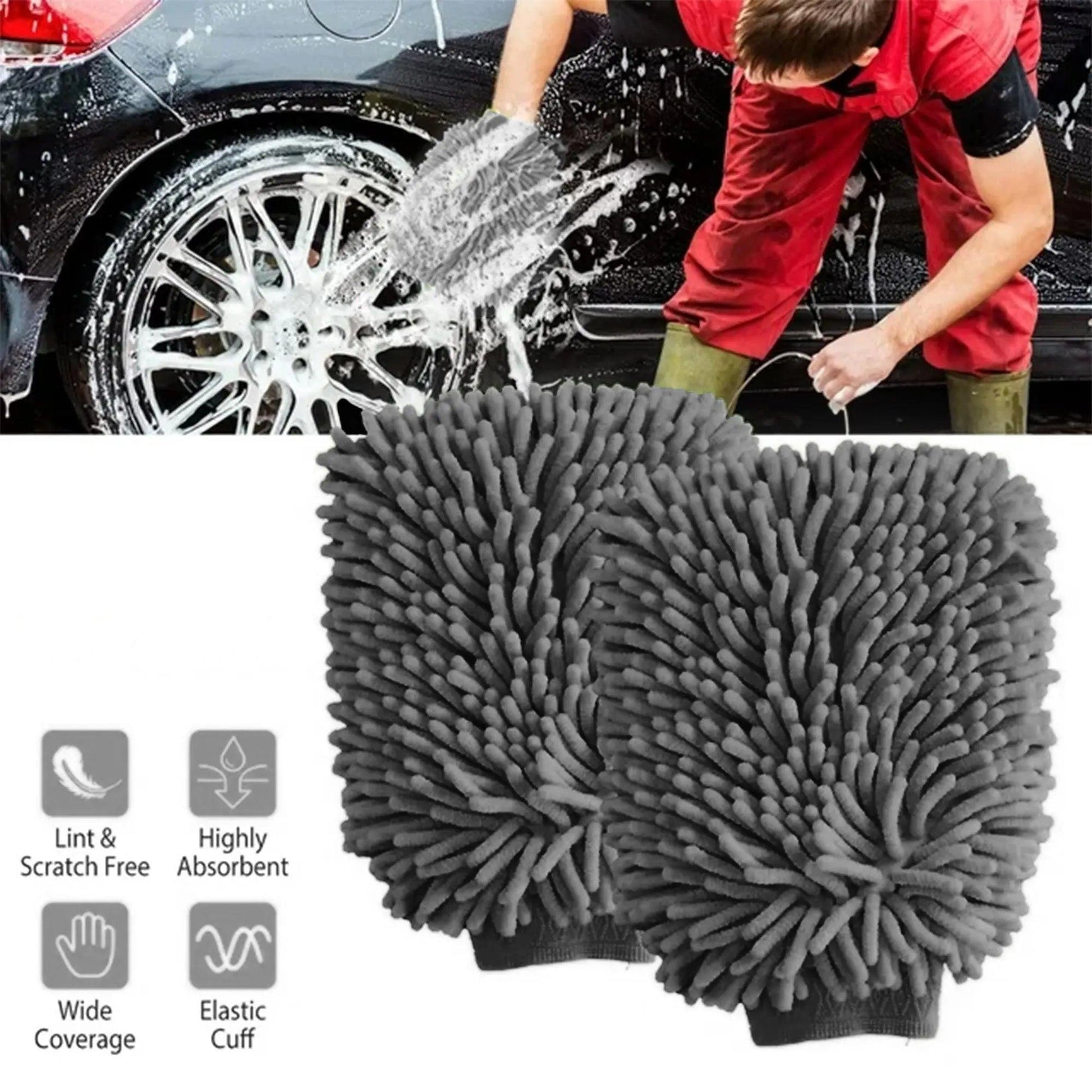 WASH&WHIPS microfiber chenille car cleaning mitt, 2-pack, soft and absorbent for effective vehicle washing and detailing.