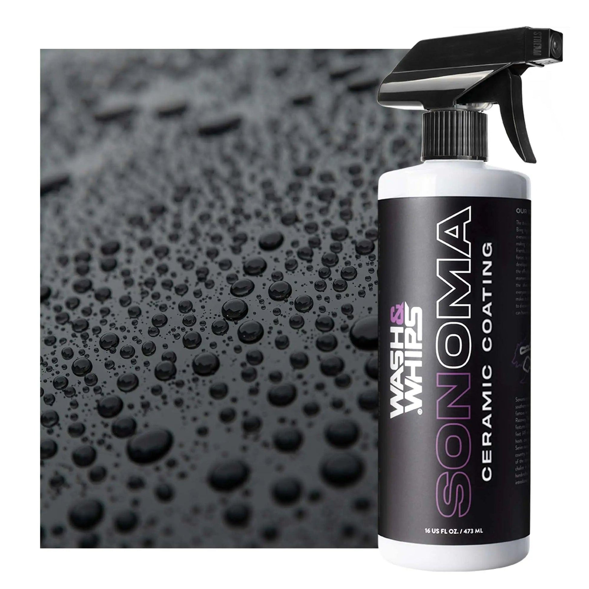 Sonoma ceramic coating spray bottle with water-beaded car paint surface, auto detailing product