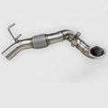 Audi A3 AWD stainless steel downpipe with flex section and mounting brackets on a plain background