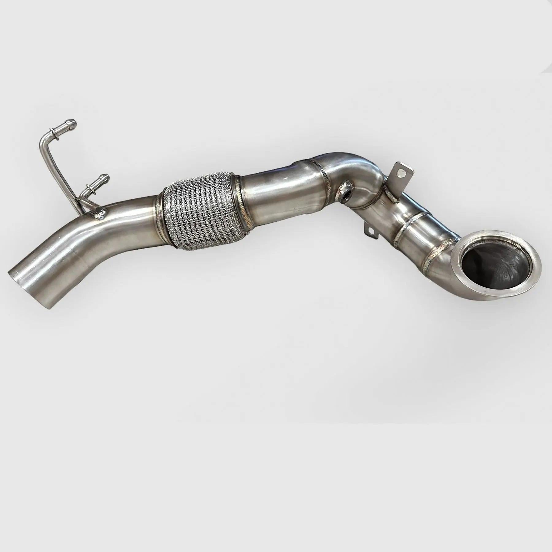 Audi A3 AWD stainless steel downpipe with flex section and mounting brackets on a plain background