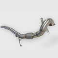 Stainless steel Audi A3 AWD downpipe with welded joints and flex section on white background