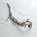 Stainless steel Audi A3 AWD downpipe performance exhaust part on white background