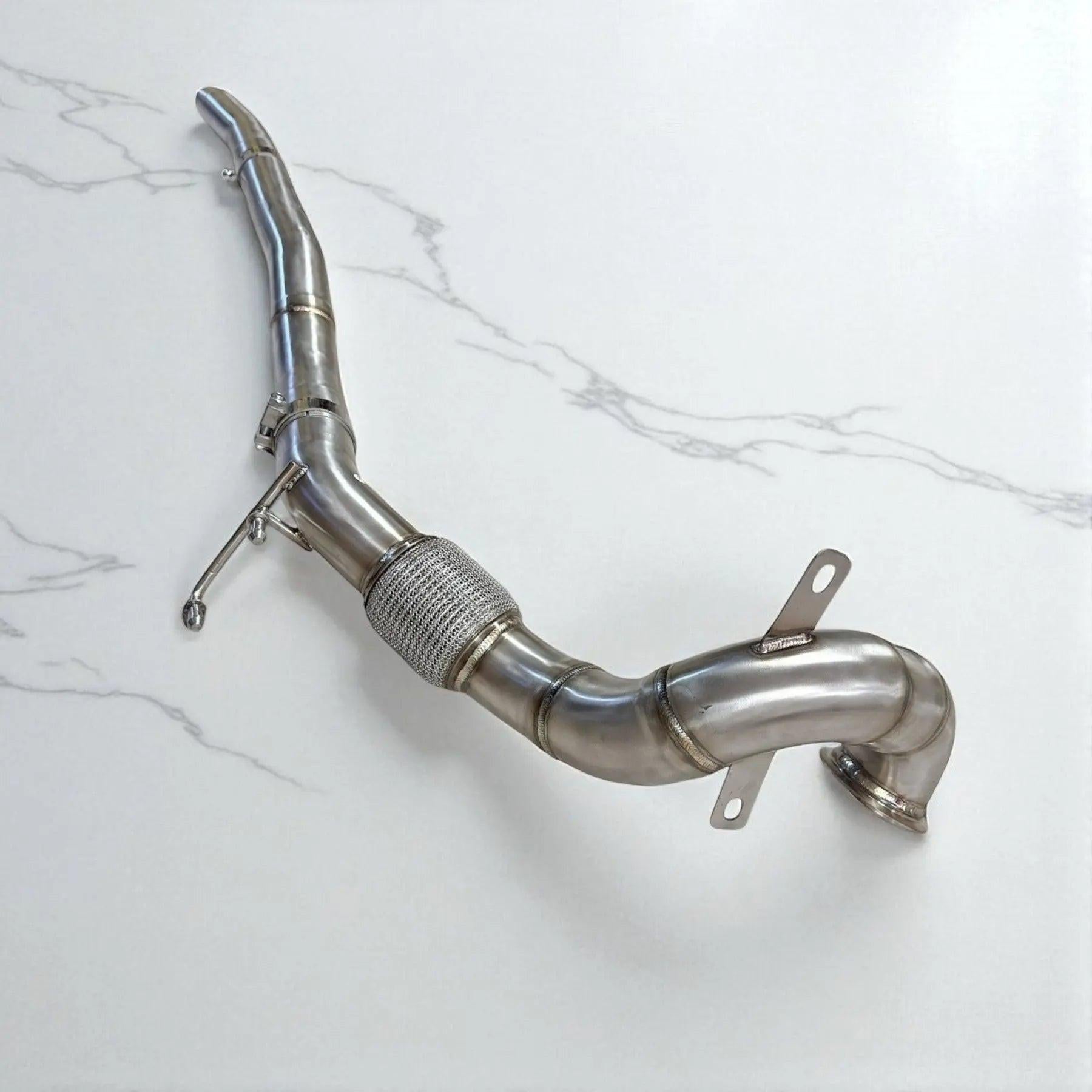 Stainless steel Audi A3 AWD downpipe performance exhaust part on white background