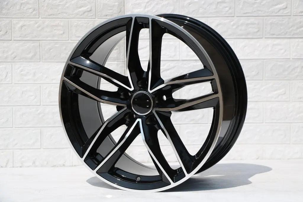 Black machined face 19-inch Audi RS6 wheels by WheeloutletNJ, fitting A4, A5, A6, Q5, Q7, RS models, and more.