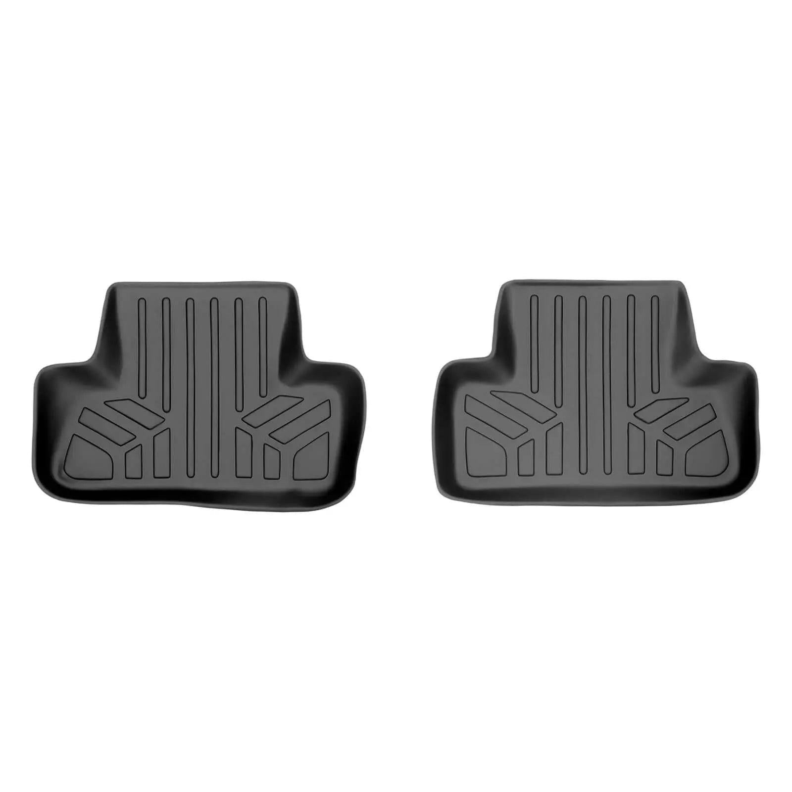 Pair of black custom-fit Audi rear floor mats with raised edges and geometric tread pattern