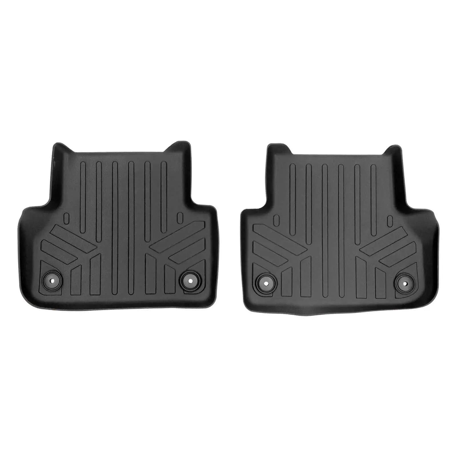 Pair of black custom-fit Audi floor mats with textured surface and retention clips