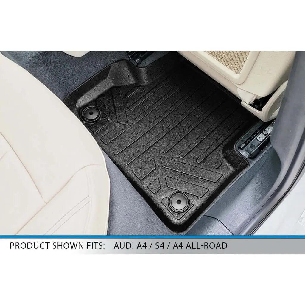 Custom black floor mat installed in Audi A4, S4, or A4 Allroad car interior.