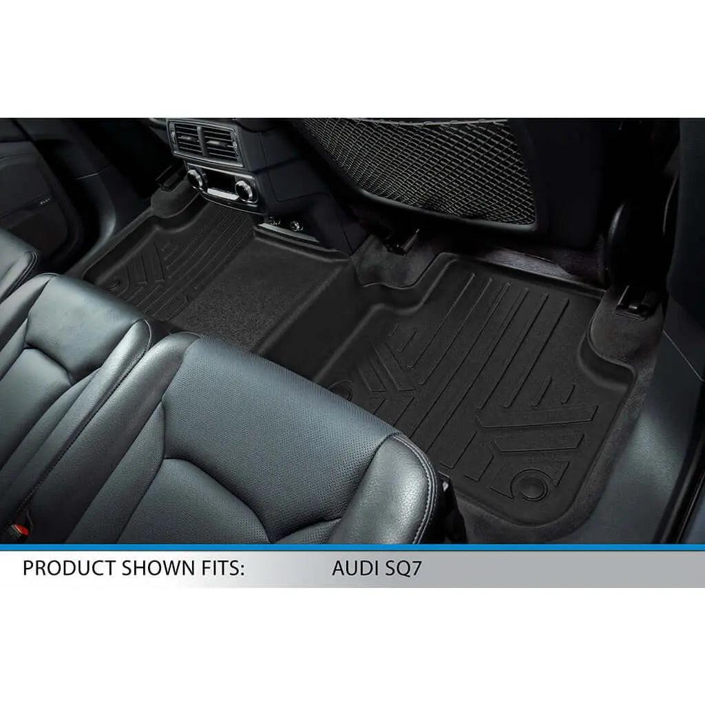 Audi SQ7 rear seat area with custom black all-weather floor mats installed