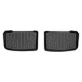 Pair of black custom-fit rubber floor mats with raised edges and geometric pattern