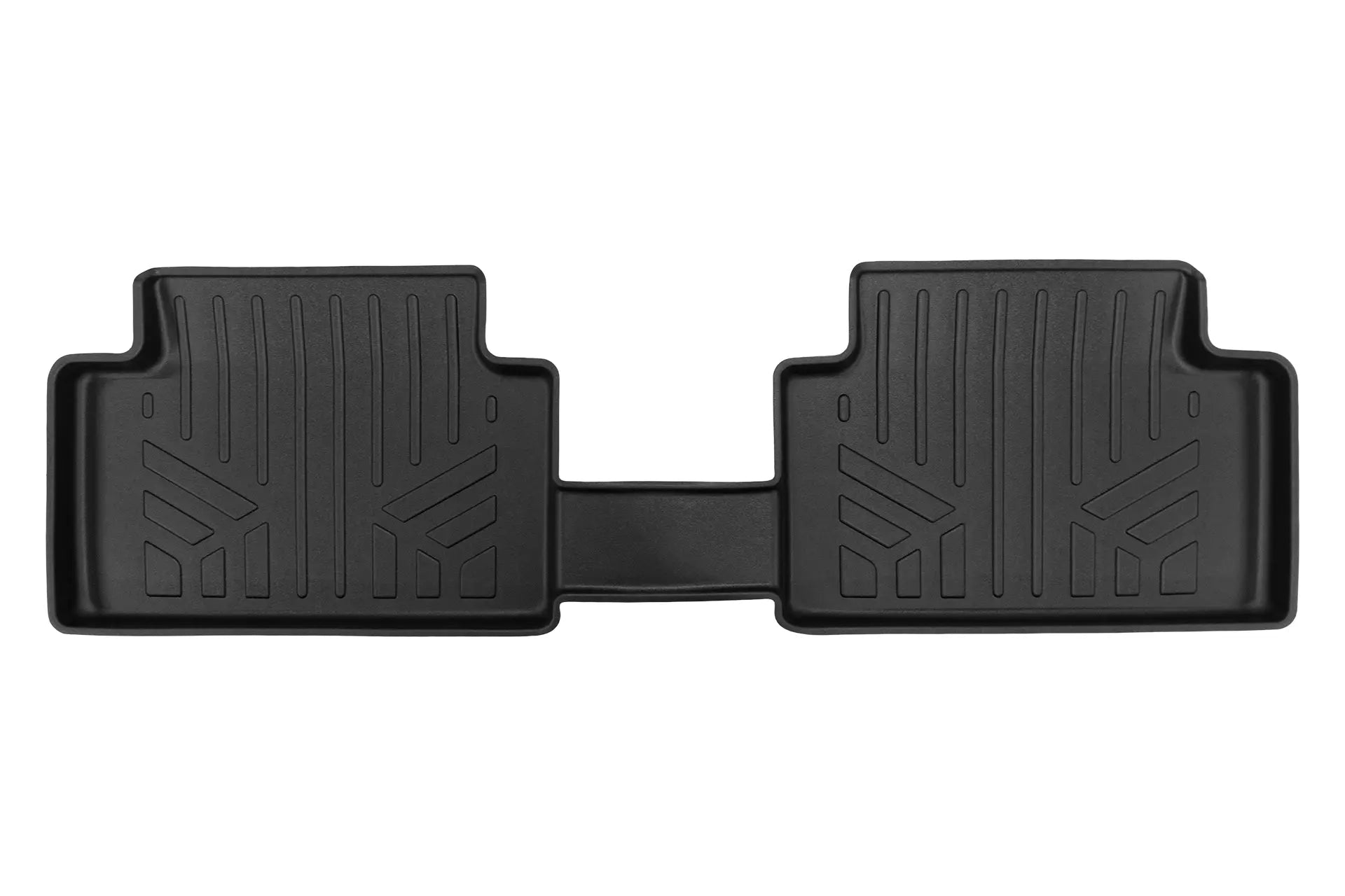 Black custom rear car floor mat liner with raised edges and textured pattern