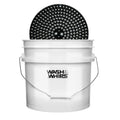 WASH&WHIPS blue microfiber car wash bucket with black particle interceptor, designed for scratch-free and lint-free vehicle cleaning.