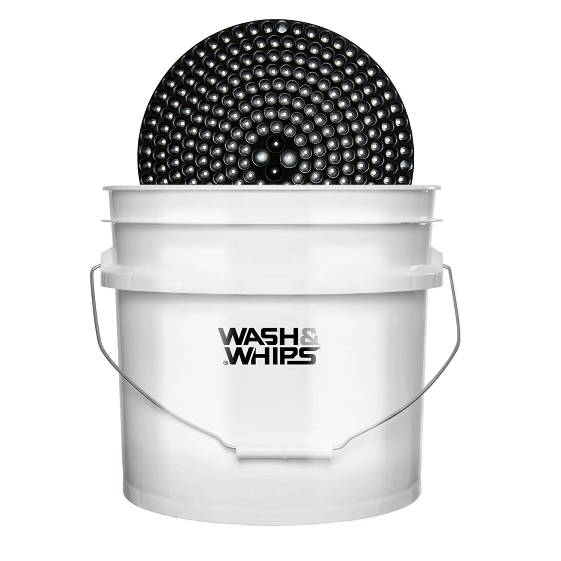 WASH&WHIPS blue microfiber car wash bucket with black particle interceptor, designed for scratch-free and lint-free vehicle cleaning.