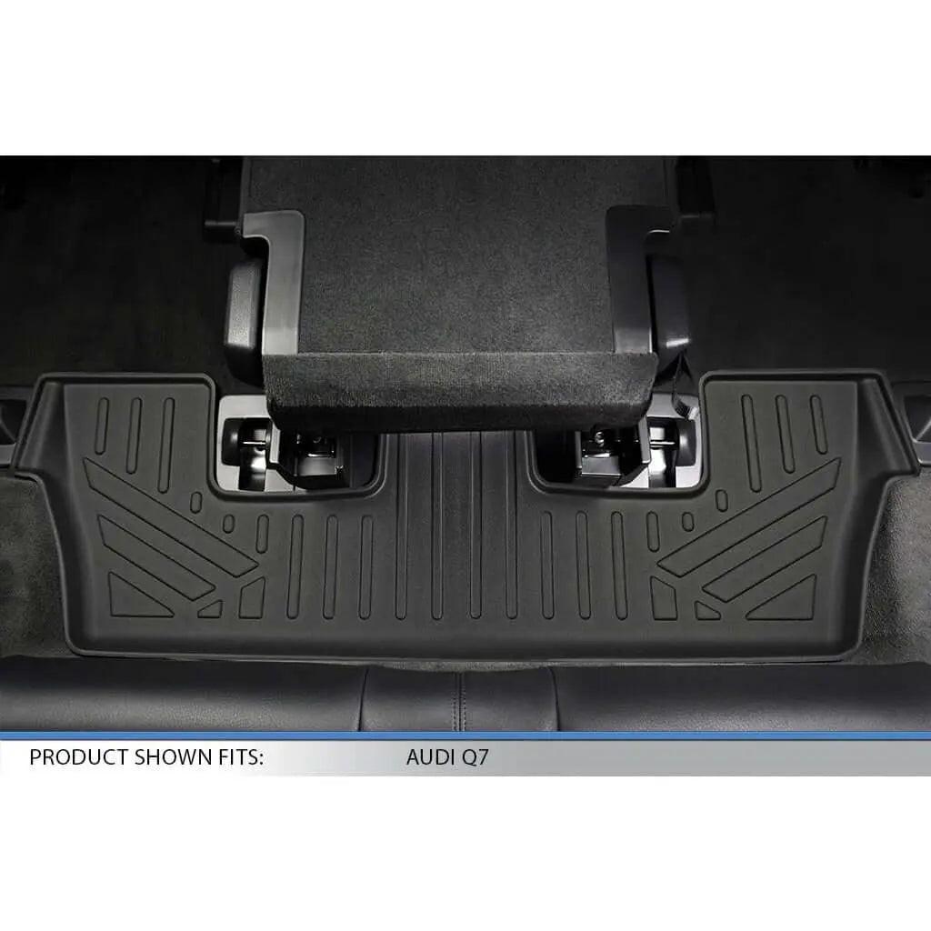 Custom-fit rear floor mat for Audi Q7, black, with raised edges and textured pattern.