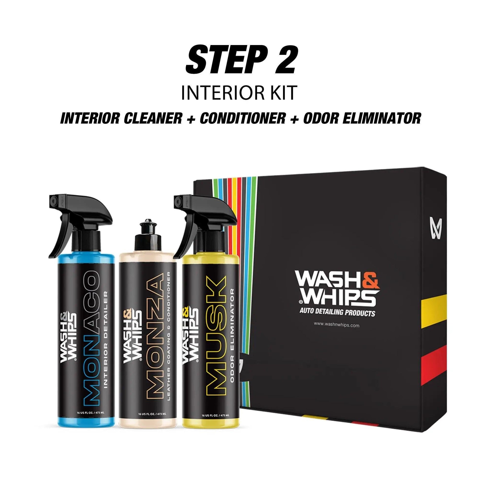 Car interior kit with cleaner, leather conditioner, odor eliminator, and product box.