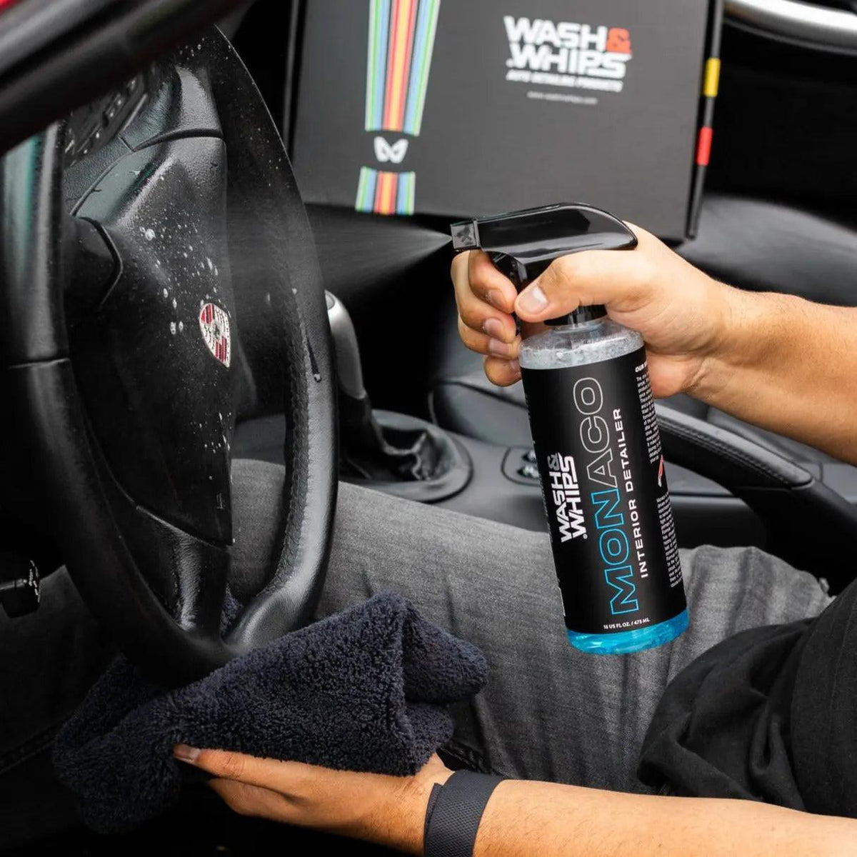 WASH & WHIPS Interior Car Wash Kit step 2, including microfiber cloths and cleaning tools for vehicle interior cleaning.