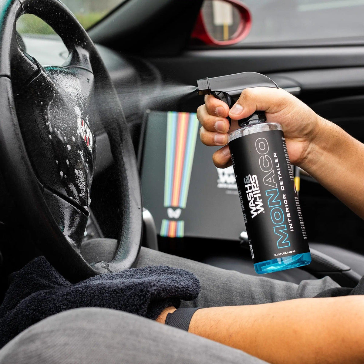 WASH&WHIPS Interior Car Wash Kit step 2 with sponge, microfiber cloth, and cleaning supplies for vehicle interior cleaning