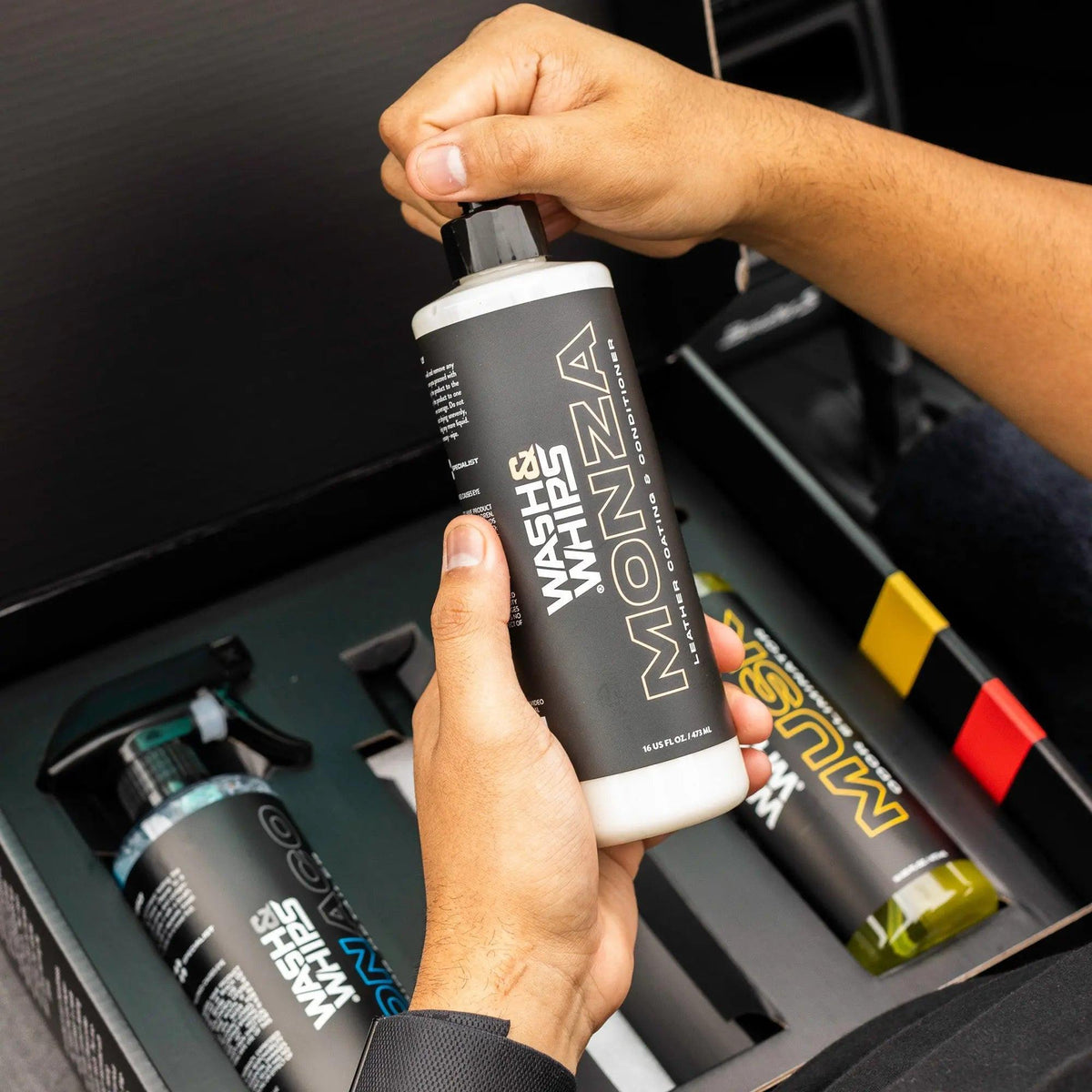 WASH&WHIPS Interior Car Wash Kit Step 2 with cleaning cloths and tools for detailed vehicle interior cleaning
