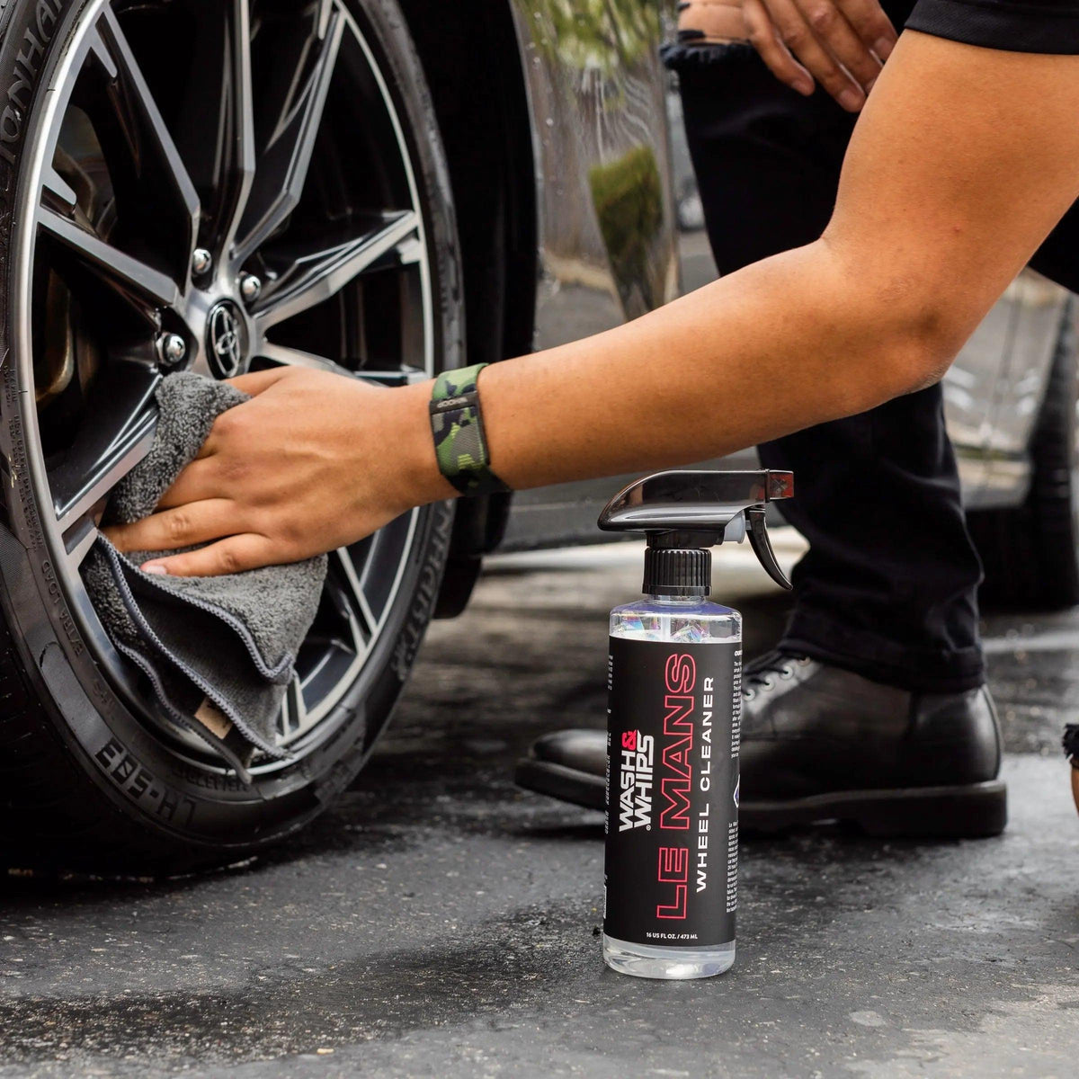 WASH & WHIPS Wheel and Tire Wash & Shine Kit with brushes and cleaning products for vehicle wheels and tires.