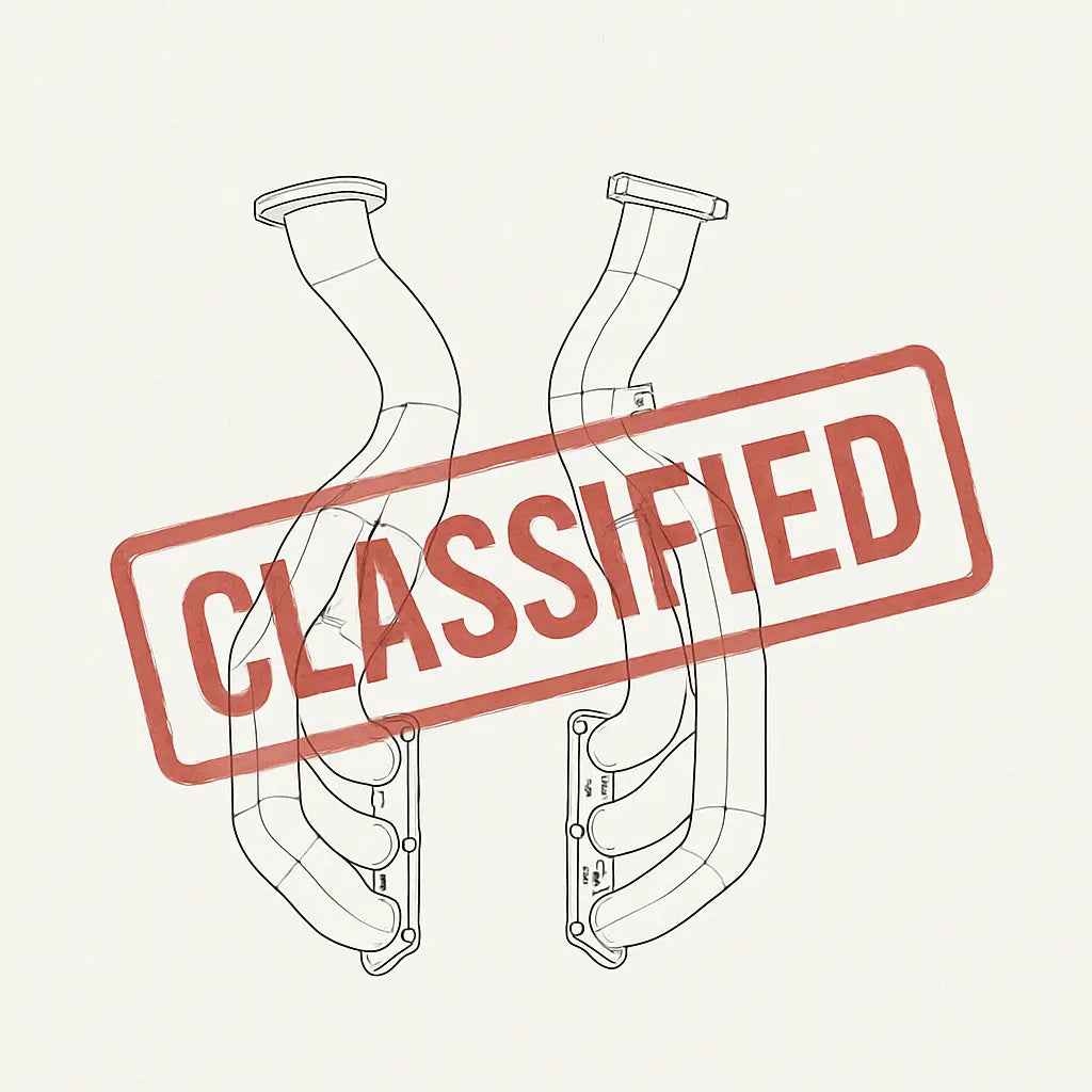Technical drawing of automotive exhaust headers with 'CLASSIFIED' stamp overlay.