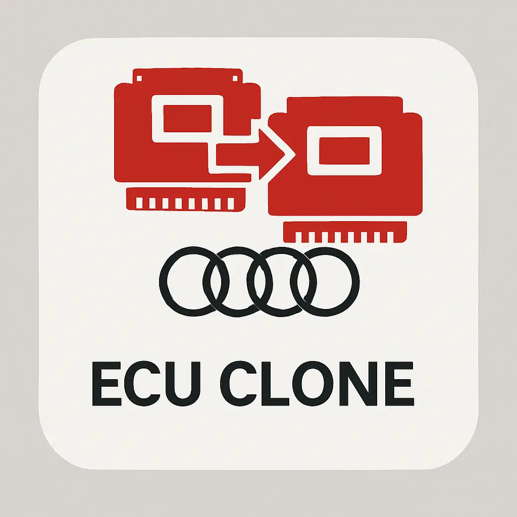 ECU clone service icon with red ECU symbols, arrows, Audi rings, and text.