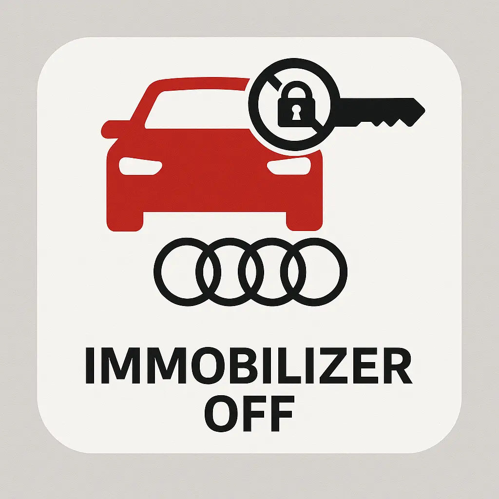 Audi immobilizer off icon with red car, key, padlock, and four-ring logo, on white background.