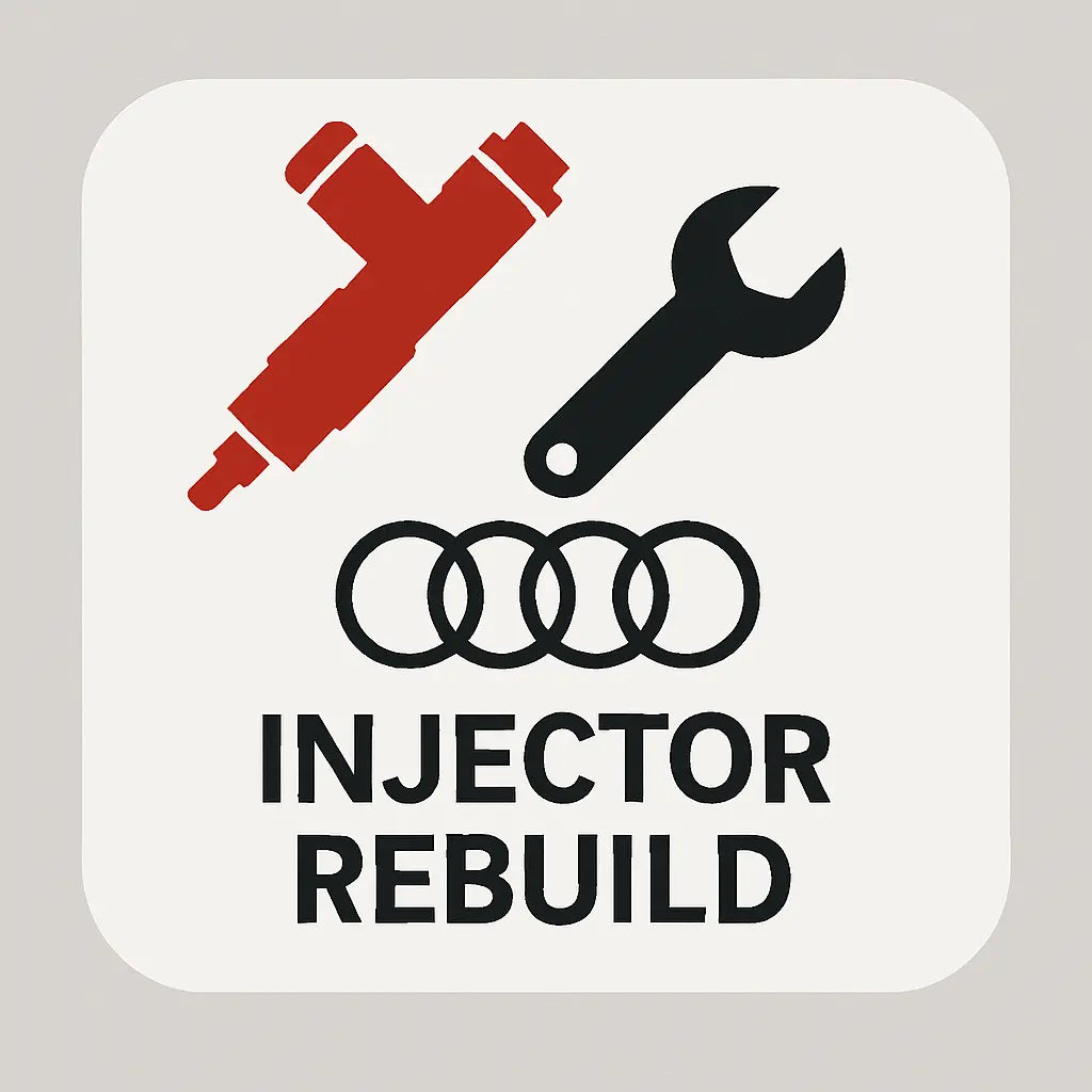 Audi injector rebuild icon with injector, wrench, rings, and text on white background