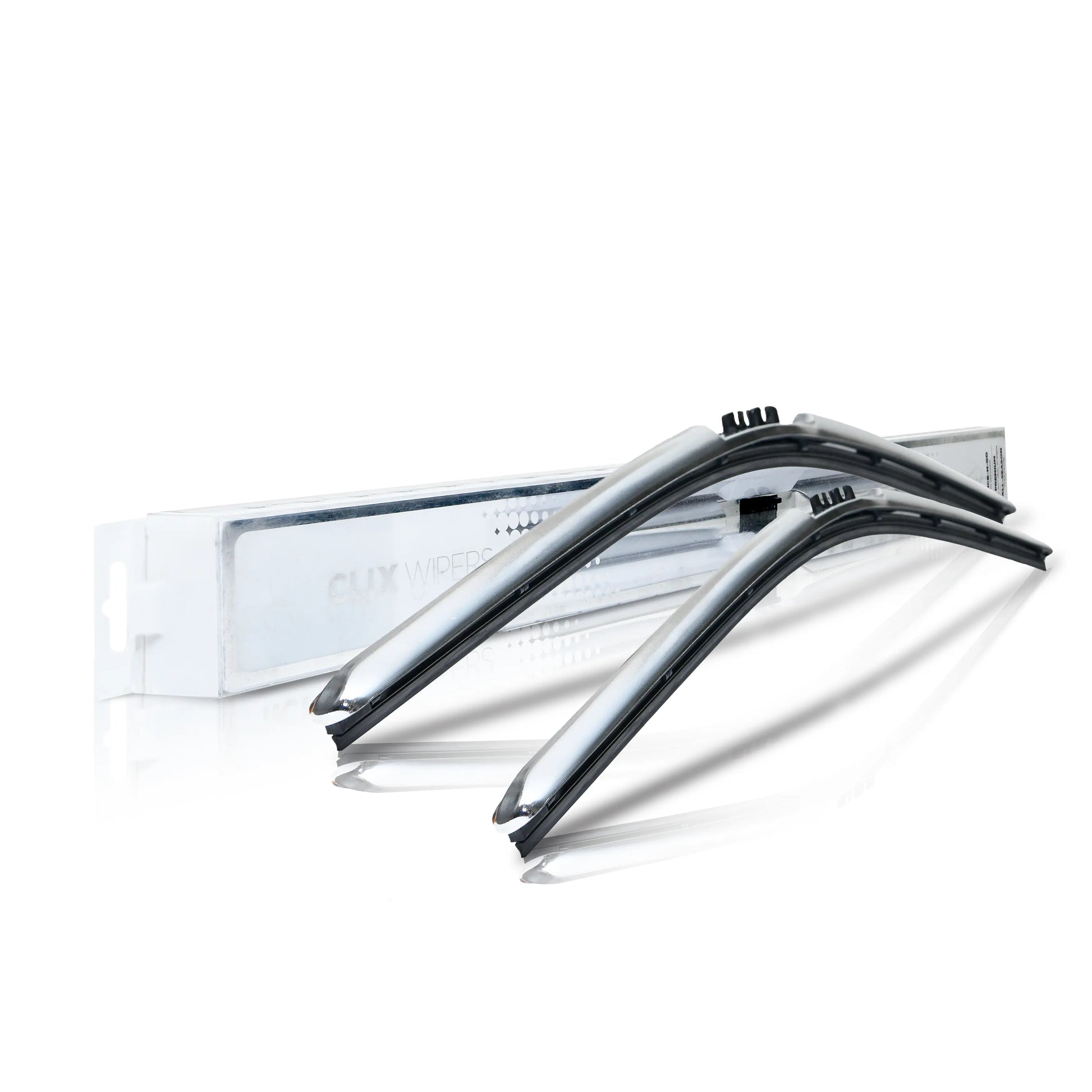 Pair of chrome car windshield wiper blades with packaging on white background