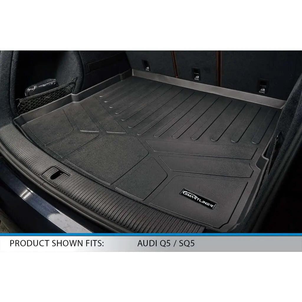 Custom-fit trunk mat for Audi Q5 SQ5, black cargo liner with raised edges, interior view