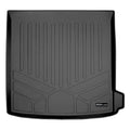Black custom-fit rubber trunk cargo liner with raised edges and geometric pattern, Smartliner logo
