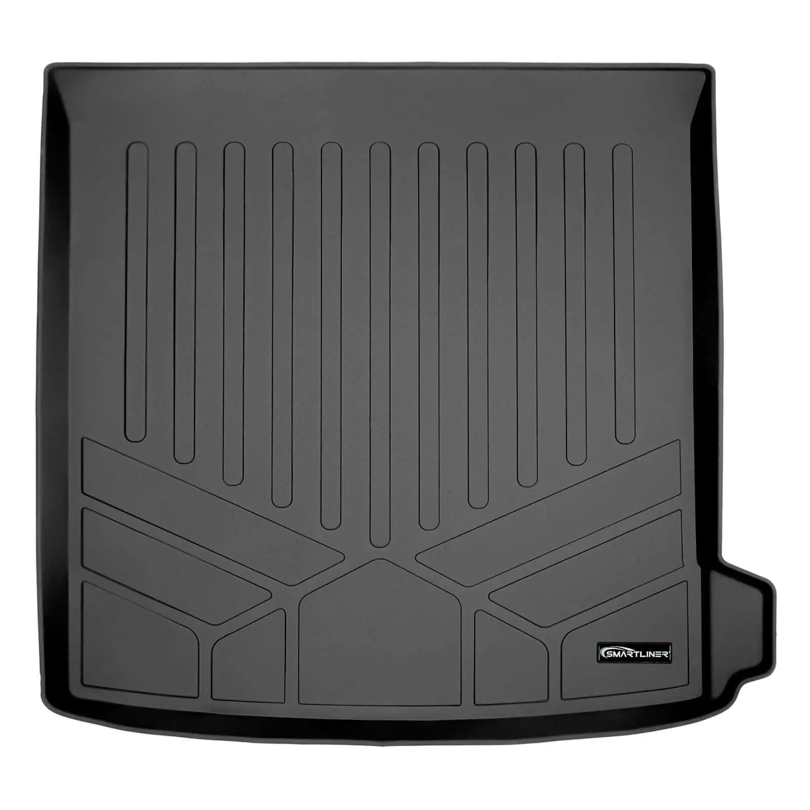 Black custom-fit rubber trunk cargo liner with raised edges and geometric pattern, Smartliner logo