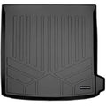 Black custom-fit Audi trunk mat with raised edges and textured, grooved surface.