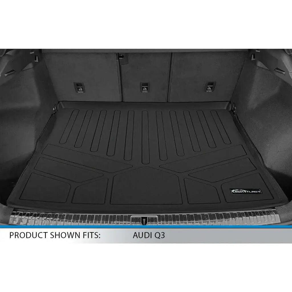 Black custom-fit trunk cargo liner mat for Audi Q3 with raised edges and textured surface