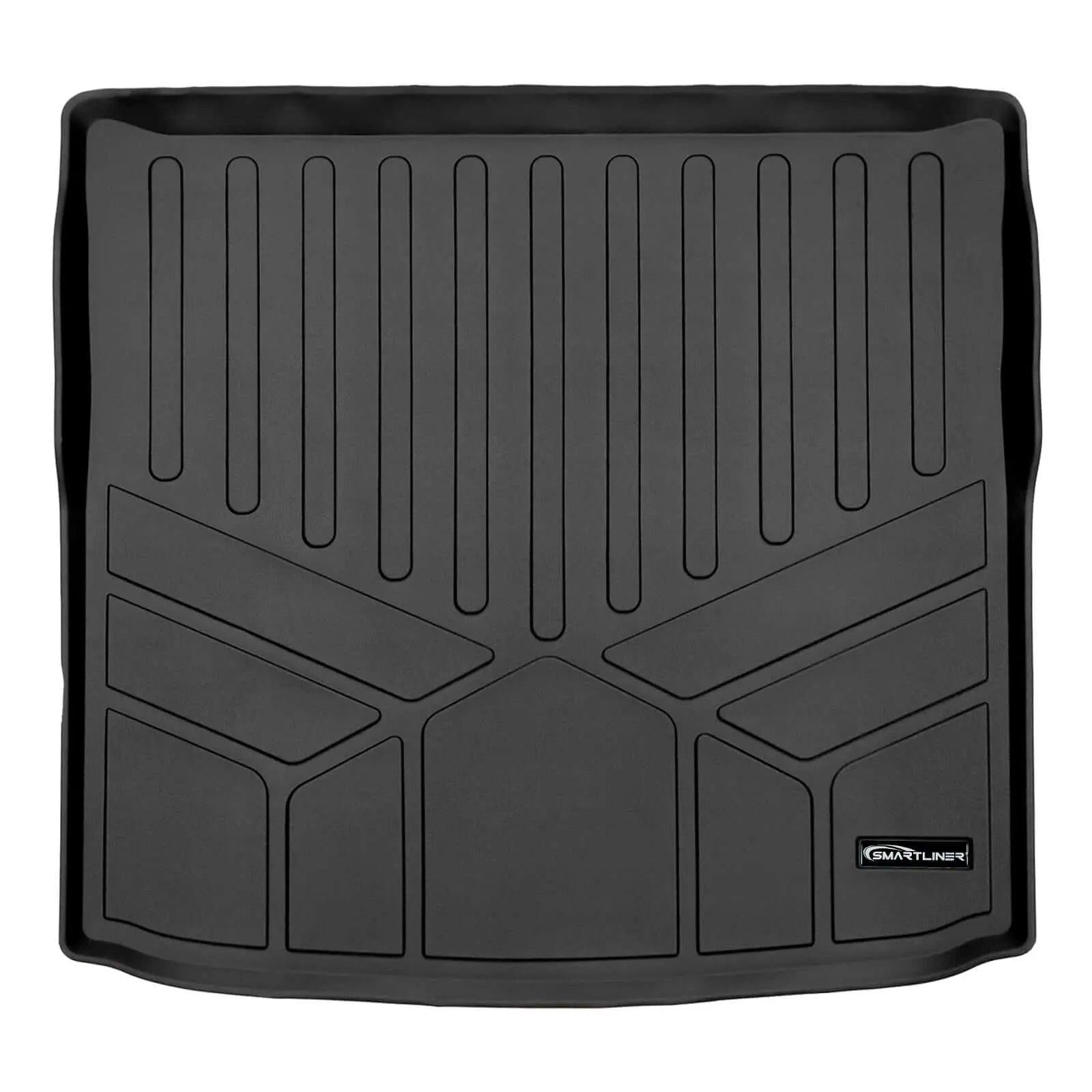Black custom-fit Audi trunk liner with raised edges and textured surface, Smartliner logo