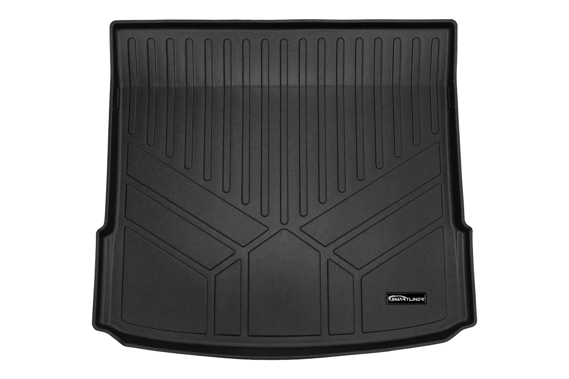 Black custom-fit Audi trunk liner with raised edges and Smartliner logo, cargo mat