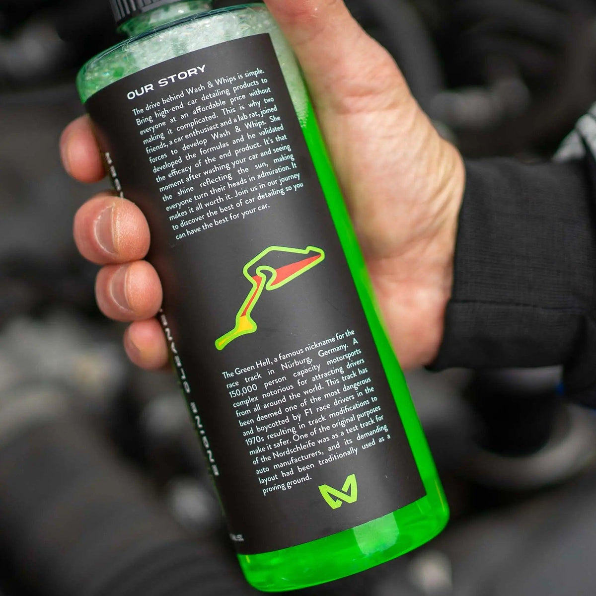 WASH&WHIPS Green Hell engine cleaner and degreaser bottle with label, designed for automotive engine cleaning and degreasing.