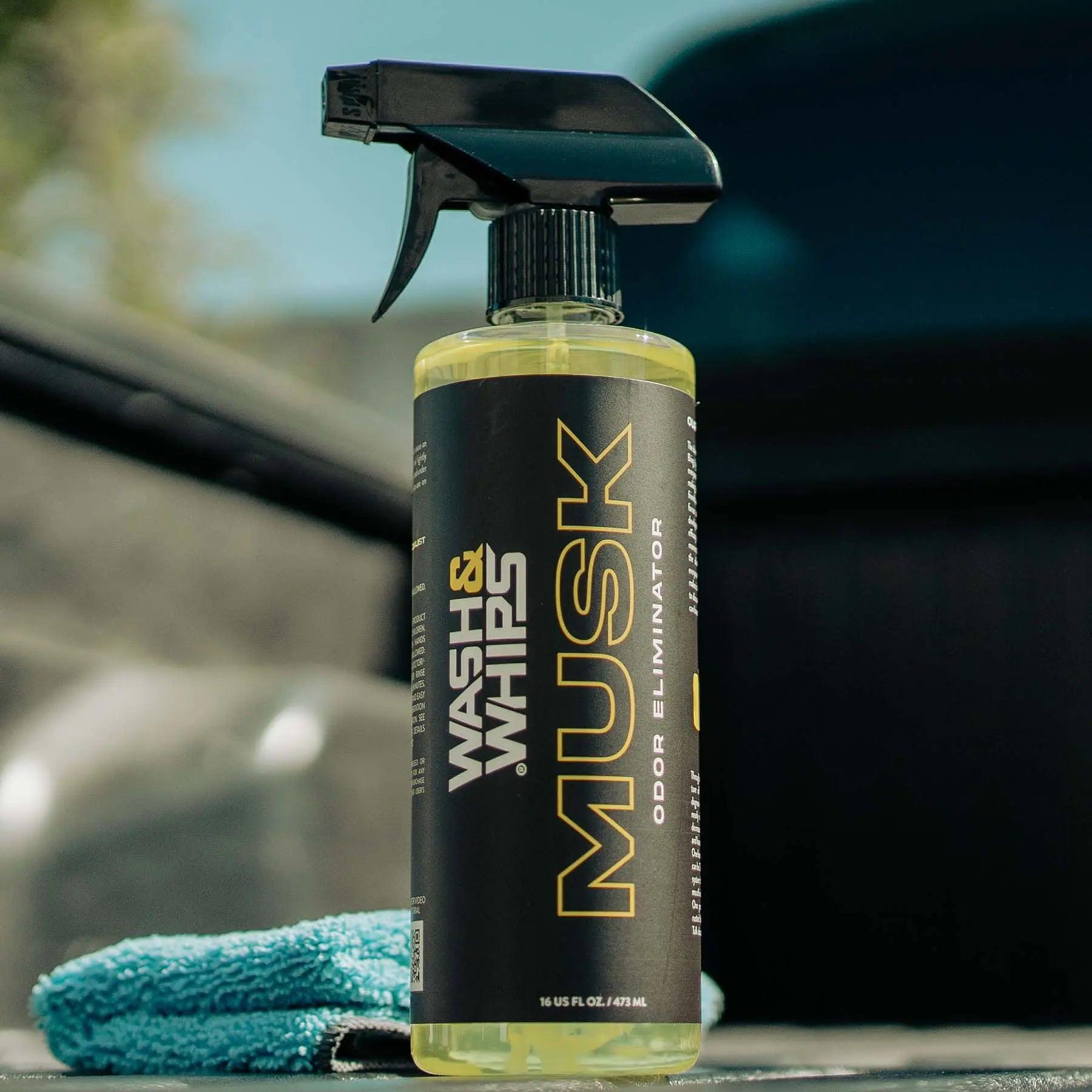 WASH&WHIPS Musk Odor Eliminator 16oz bottle with label, designed to remove unpleasant odors from fabrics and surfaces