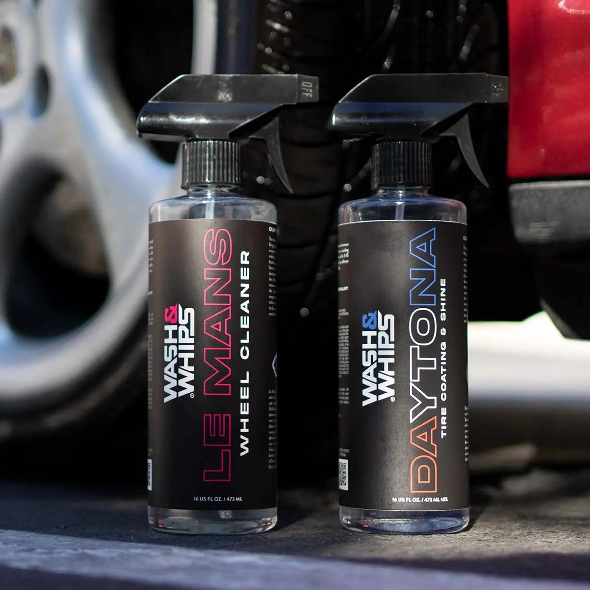 WASH & WHIPS Daytona Tire Coating and Shine applied to a car tire, showcasing a glossy, well-maintained tire finish.