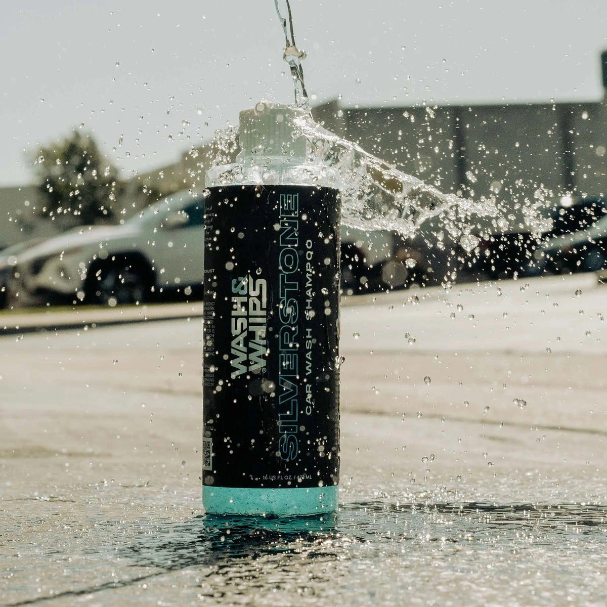 WASH&WHIPS Silverstone Car Wash Shampoo bottle with label, showcasing a sleek design for effective car soap and shampoo cleaning.