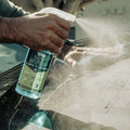 WASH&WHIPS Pit Stop Glass Cleaner refill tablets for all surfaces, shown with tablets and cleaning solution setup.