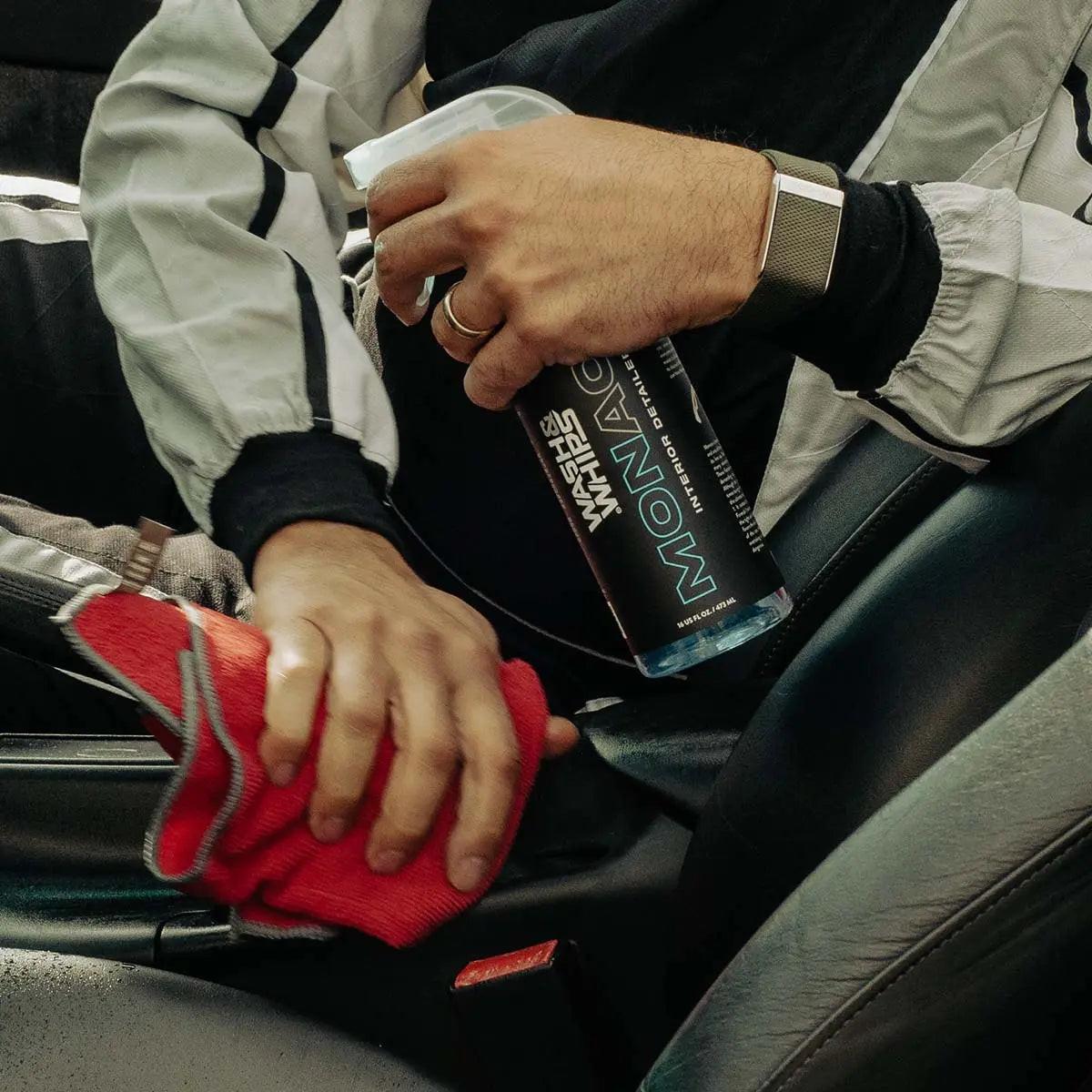 WASH&WHIPS Monaco Interior Cleaner bottle with spray nozzle, designed for cleaning car interior surfaces.