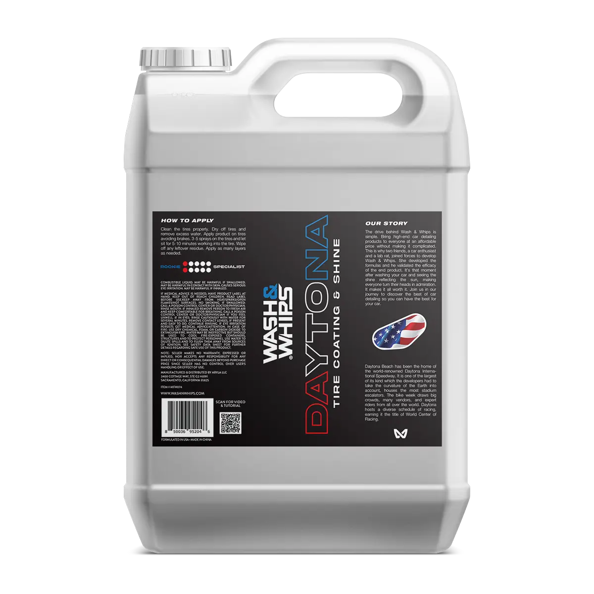 WASH&WHIPS Daytona Tire Coating and Shine in a jar, featuring a sleek label with the Daytona logo and product details.
