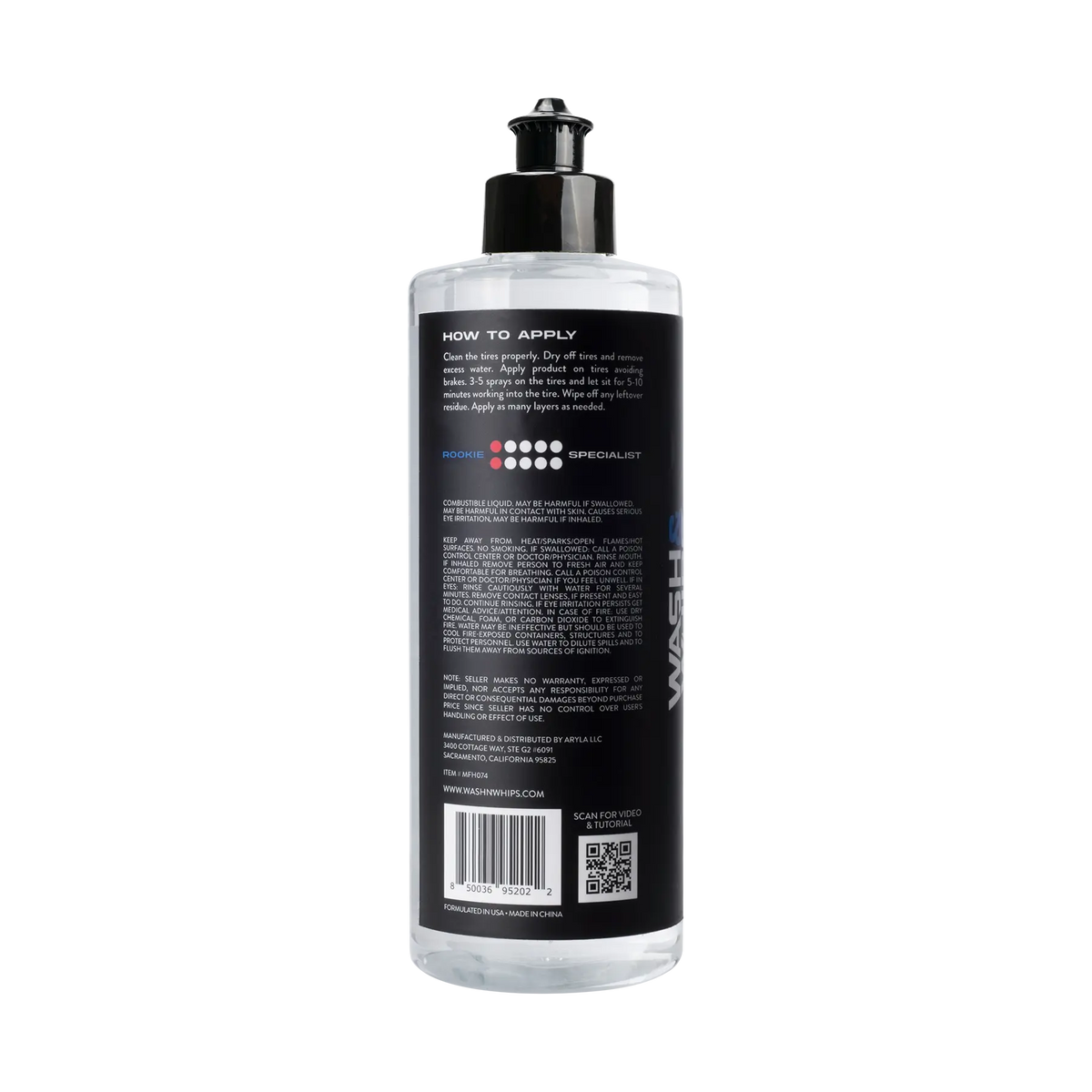 WASH&WHIPS Daytona Tire Coating and Shine applied to a car tire, enhancing gloss and protection with a sleek, polished finish.