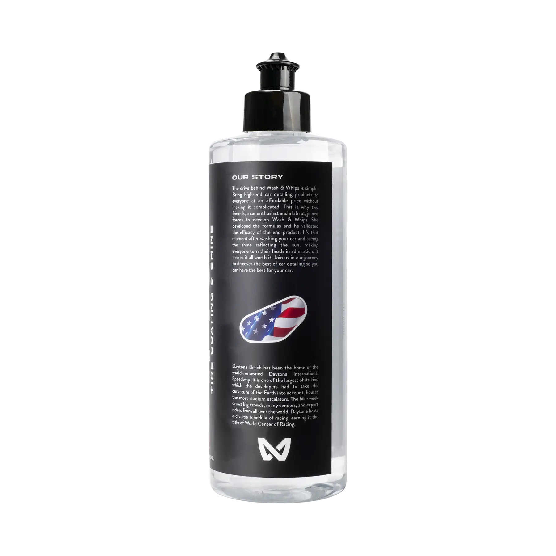 WASH & WHIPS Daytona Tire Coating & Shine applied on a car tire, showcasing a glossy, well-maintained tire finish.