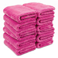 Set of three WASH&WHIPS edgeless microfiber coral fleece towels with ultrasonic edge, shown in a clean, plush fabric close-up.