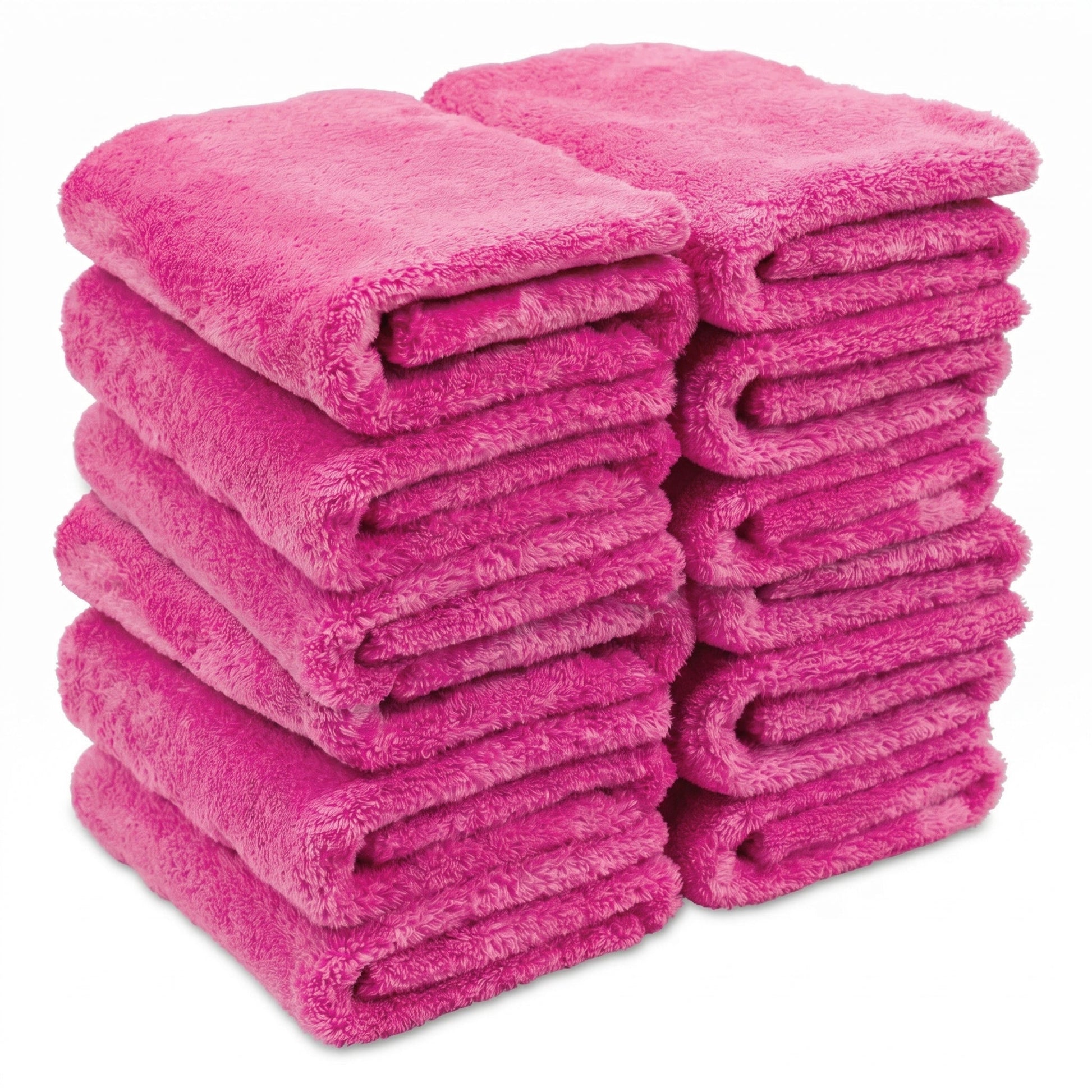 Set of three WASH&WHIPS edgeless microfiber coral fleece towels with ultrasonic edge, shown in a clean, plush fabric close-up.