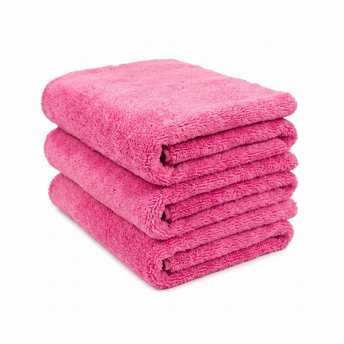 Set of three WASH&WHIPS edgeless microfiber coral fleece towels with ultrasonic edges, shown stacked in the image.