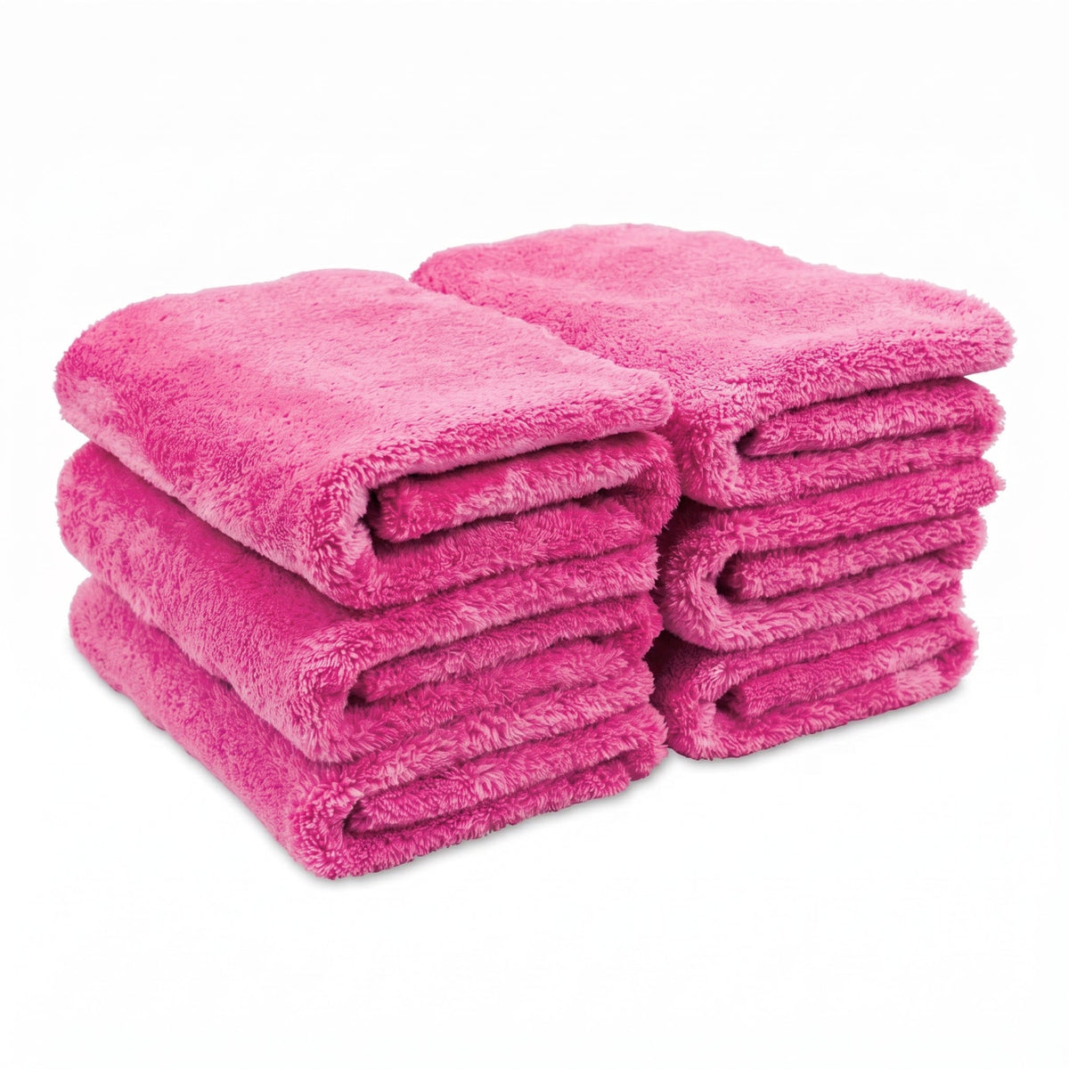 Set of three WASH&WHIPS edgeless microfiber coral fleece towels with ultrasonic edges, shown in a bundled image.