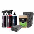 Car wash kit with wheel cleaner, insect remover, shampoo, glass cleaner, microfiber towels, and wash mitt