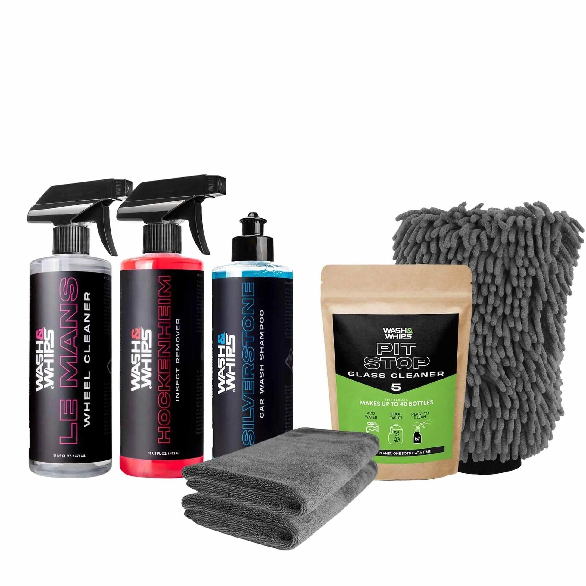 Car wash kit with wheel cleaner, insect remover, shampoo, glass cleaner, microfiber towels, and wash mitt