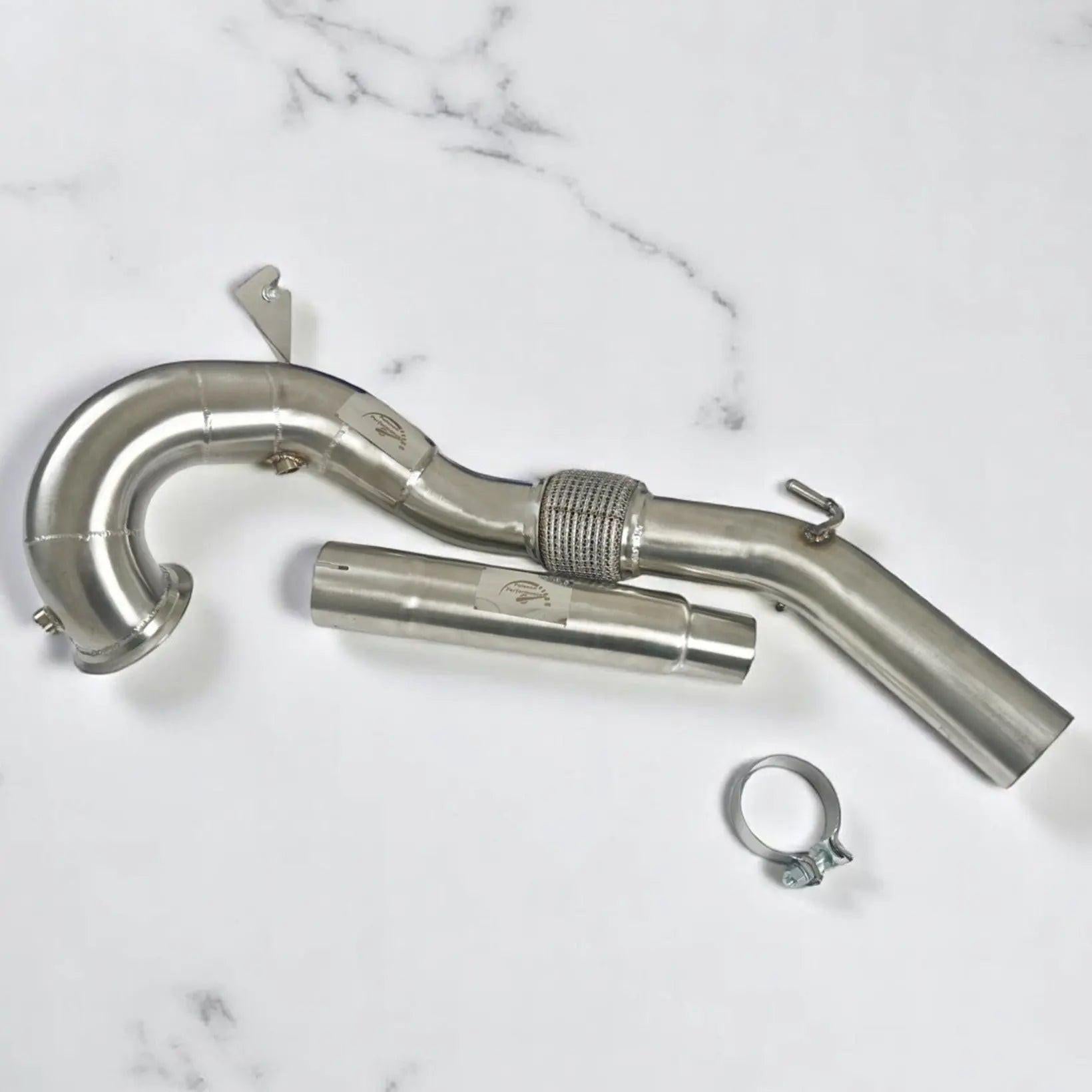 Stainless steel Audi A3 8Y and VW MK8 GTI race downpipe kit on white background